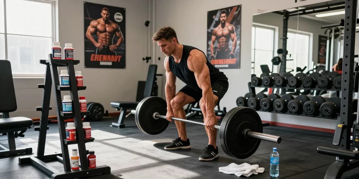 Anabolika Shop, der Bodybuilding in einem lebhaften Fitnessstudio zeigt, Bodybuilder hebt Gewichte umgeben von motivierenden Elementen.