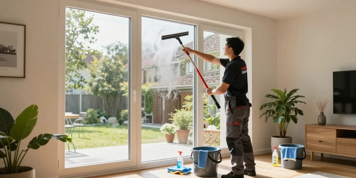 Professional window cleaning in a Bern home, achieving streak-free results in bright, inviting light.