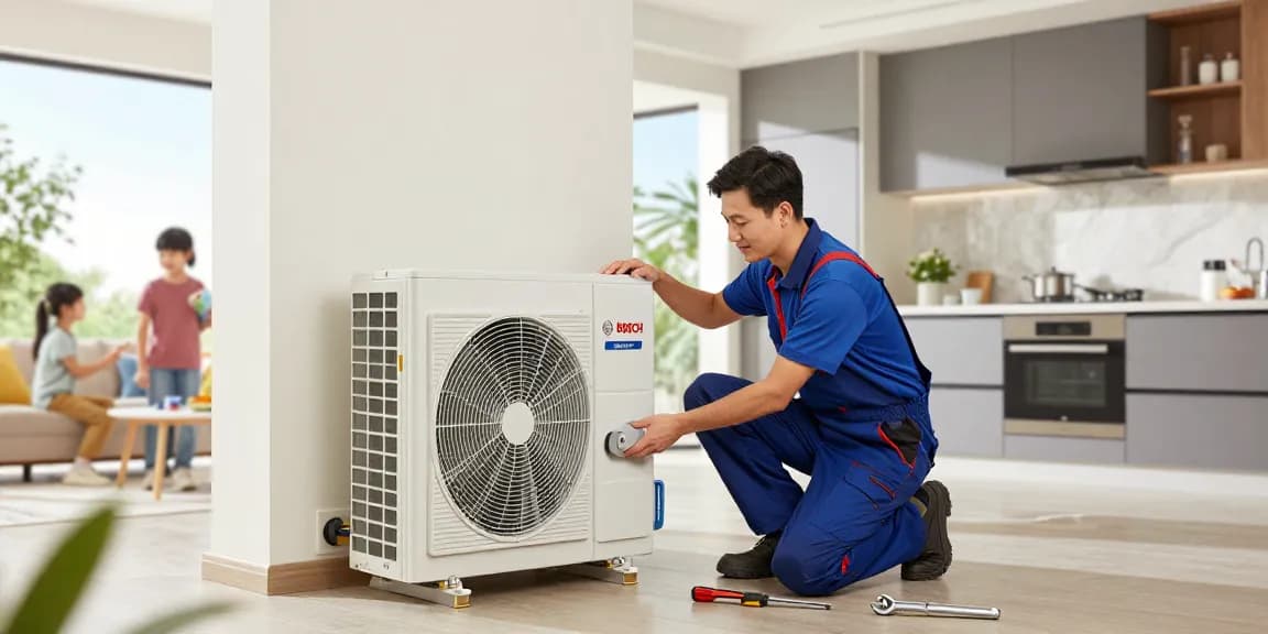 Installation of a wärmepumpe bosch heat pump by a technician in a modern home environment, showcasing efficient home heating.