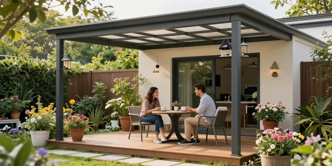 Eine freistehende Terrassenüberdachung bietet Schutz und Stil für entspannte Stunden im Garten.