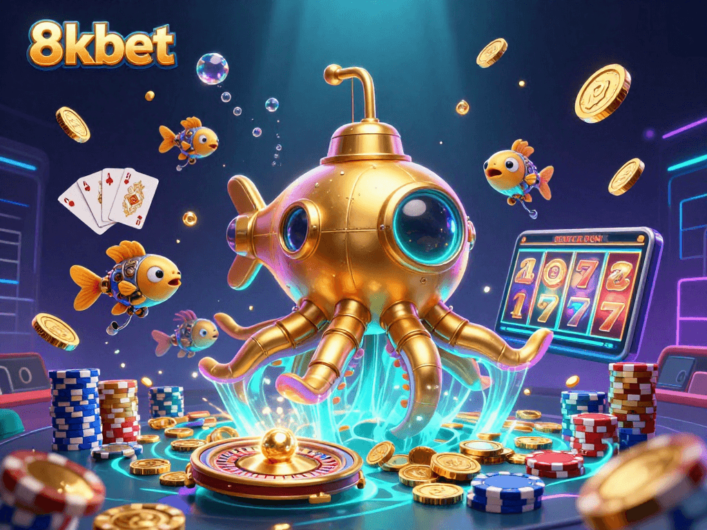 Experience thrilling gaming excitement with 8xbet’s vibrant illustration showcasing a golden casino scene.