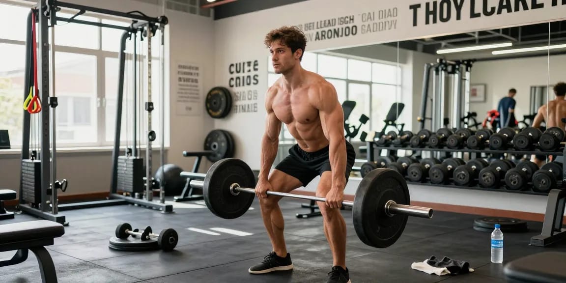 Anabolika Shop Deutschland - Bodybuilder hebt Gewichte in einem modernen Fitnessstudio und zeigt Fitness und Stärke.