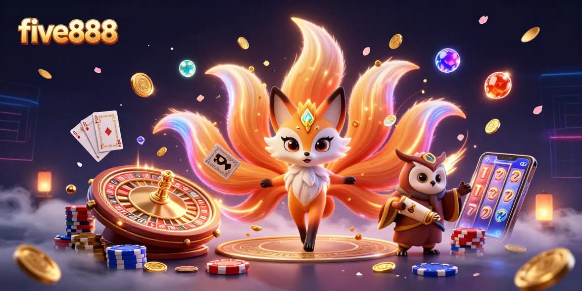 Immerse in five888's vibrant casino world with a magical fox spirit, wise owl, and glimmering riches.