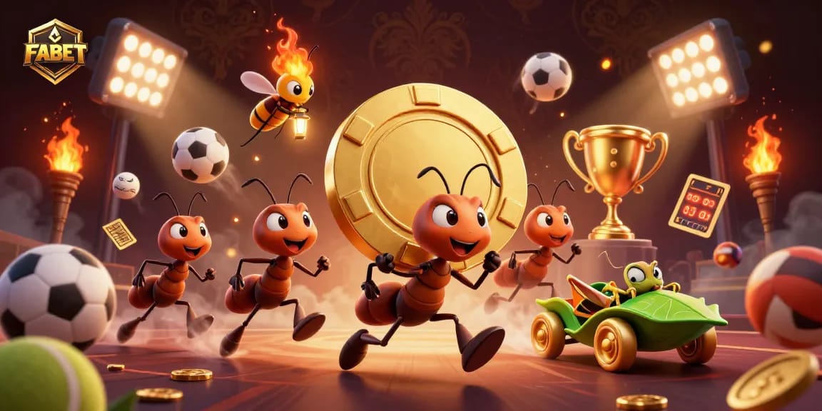 FABET showcases lively ants in a dynamic heist scene with symbols of sports and gambling.