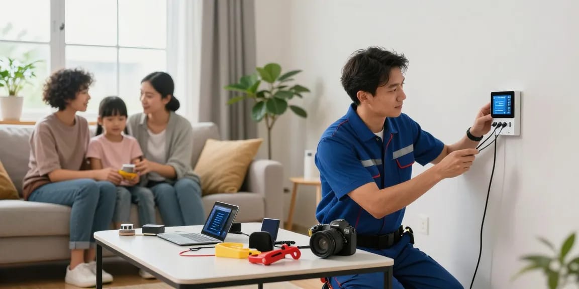 Elektriker in der Nähe installiert Smart-Home-Geräte in einem einladenden Wohnzimmer.