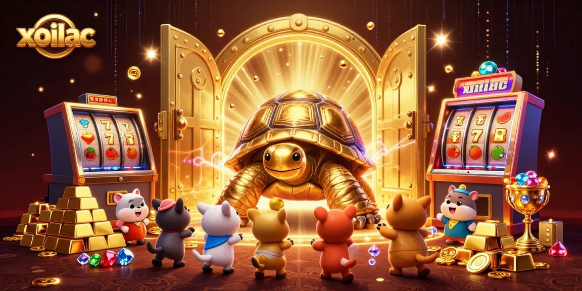 Engage with xoilac through an exciting scene featuring a colossal casino tortoise and vibrant slots.