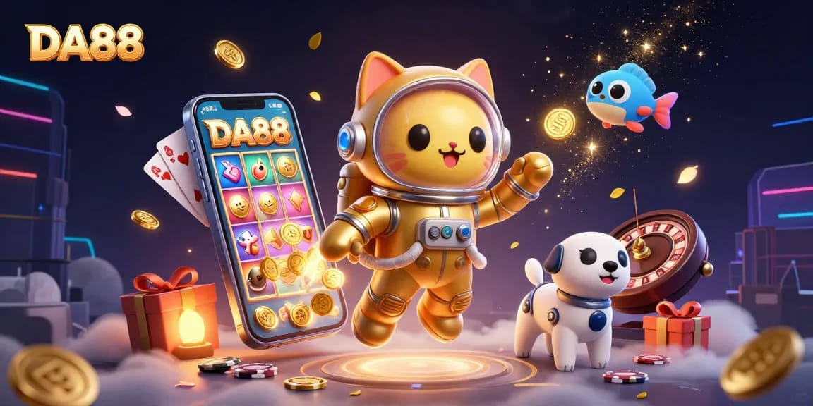 Engage with DA88 slots as a cosmic cat and robotic dog explore vibrant, dynamic gaming realms.