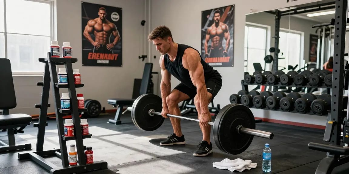 Anabolika Shop, der Bodybuilding in einem lebhaften Fitnessstudio zeigt, Bodybuilder hebt Gewichte umgeben von motivierenden Elementen.