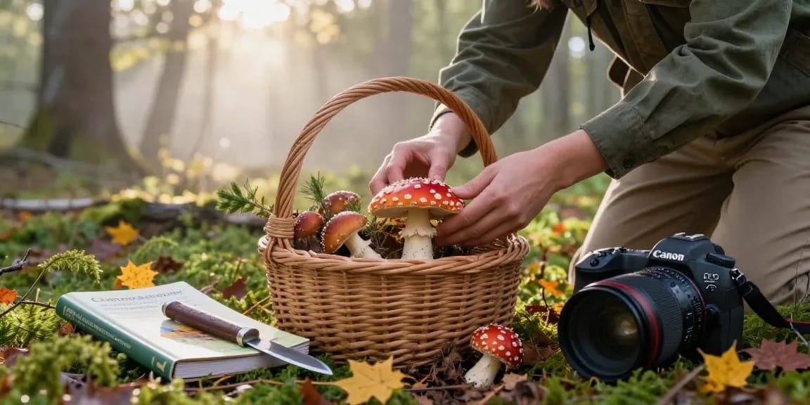 Ernte von Amanita Muscaria Pilzen in einem malerischen Wald für Fliegenpilz Pulver.