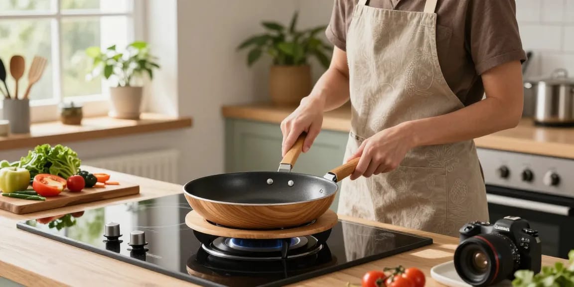 Stilvolle Küche mit Topfuntersetzer aus Holz, die eine Pfanne hält und modernes Kochen präsentiert.