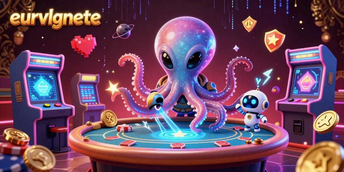 Experience the thrilling gameplay of eurvlgnete with alien octopus at a holographic poker table.