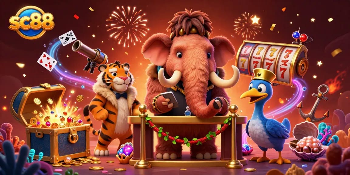 Sc88 casino scene with a woolly mammoth, saber-tooth tiger, and dodo bird amidst treasures and slots.