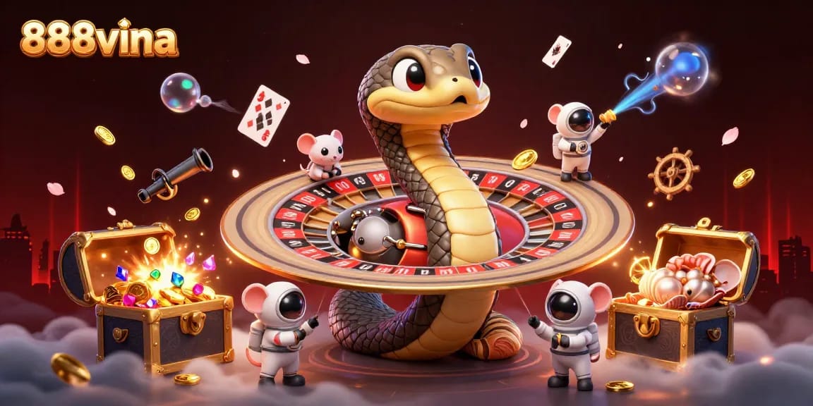 Experience thrilling bets at 888vina as astronauts engage with a roulette wheel in a vibrant casino land.