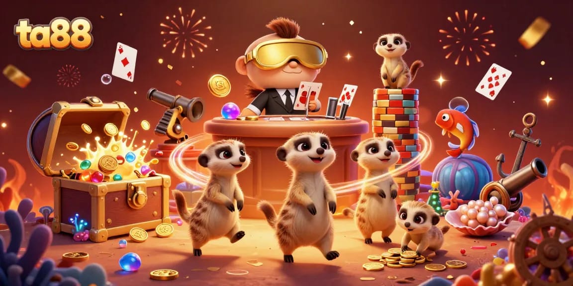 Experience thrilling wins at ta88 with a lively meerkat casino scene showcasing card games and treasures.