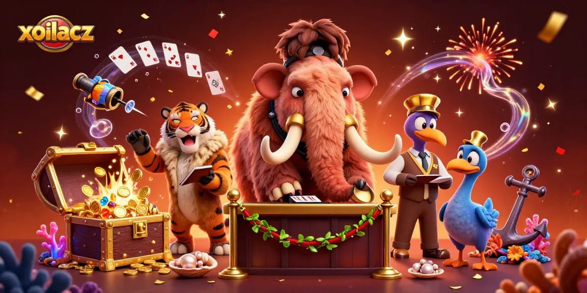 Join the fun at xoilacz with a vibrant scene of casino characters and treasures!