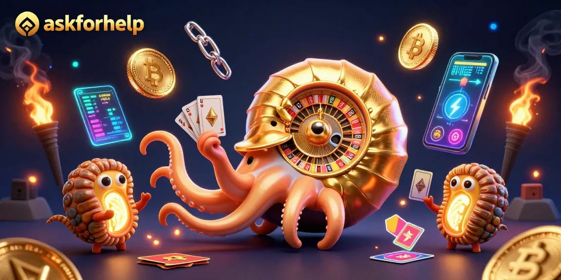 Spin the reels of fortune with askforhelp in a vibrant, crypto-infused casino scene.