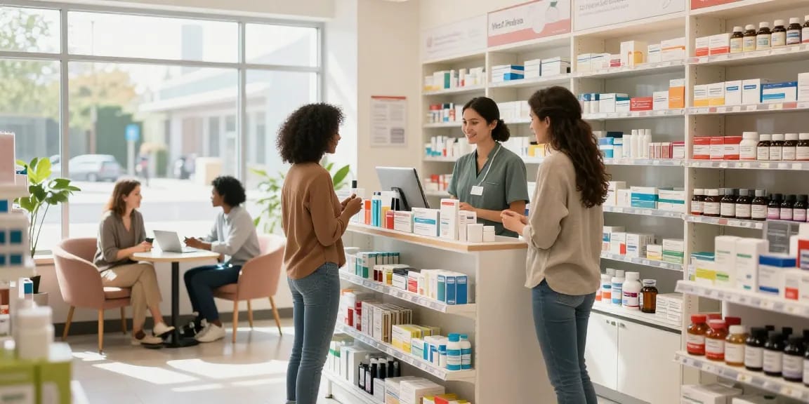 Kundenberatungen im Medi Pharma Shop mit freundlichem Personal in einer einladenden Apothekenumgebung.