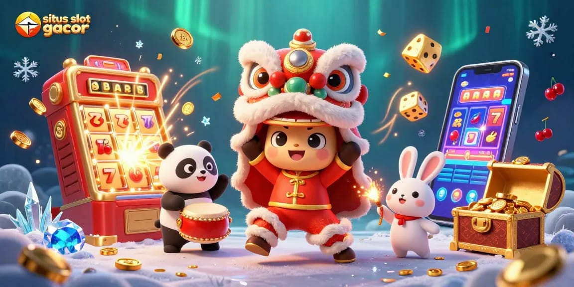 Experience excitement at situs slot gacor with a vibrant illustration of jackpot winnings and festive characters.