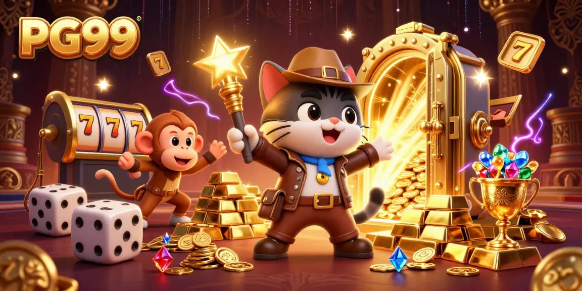 Engage in thrilling slot experiences with the PG99 logo featured in a vivid 3D casino adventure.