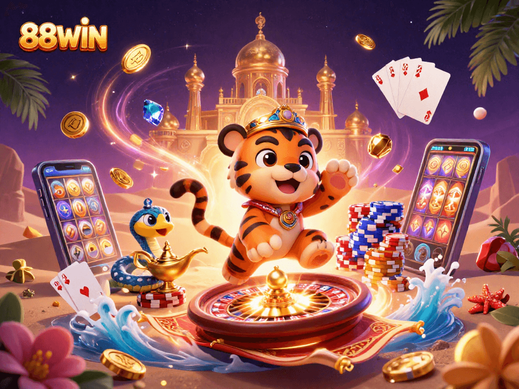 Experience the thrill of 88WIN with dynamic games and golden winnings in this vibrant casino scene.