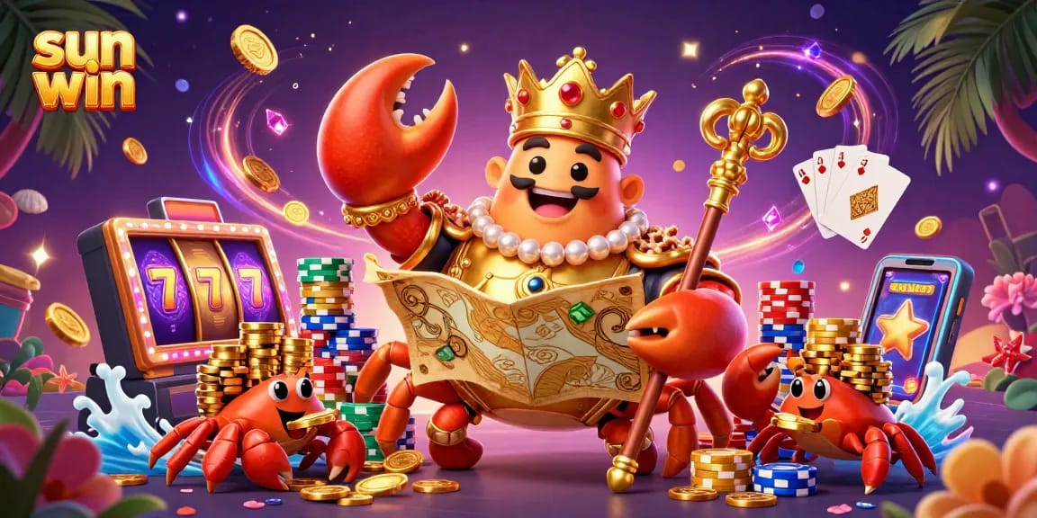 Experience the thrill of winning with sun win's vibrant slot machine scene featuring a golden crab emperor.
