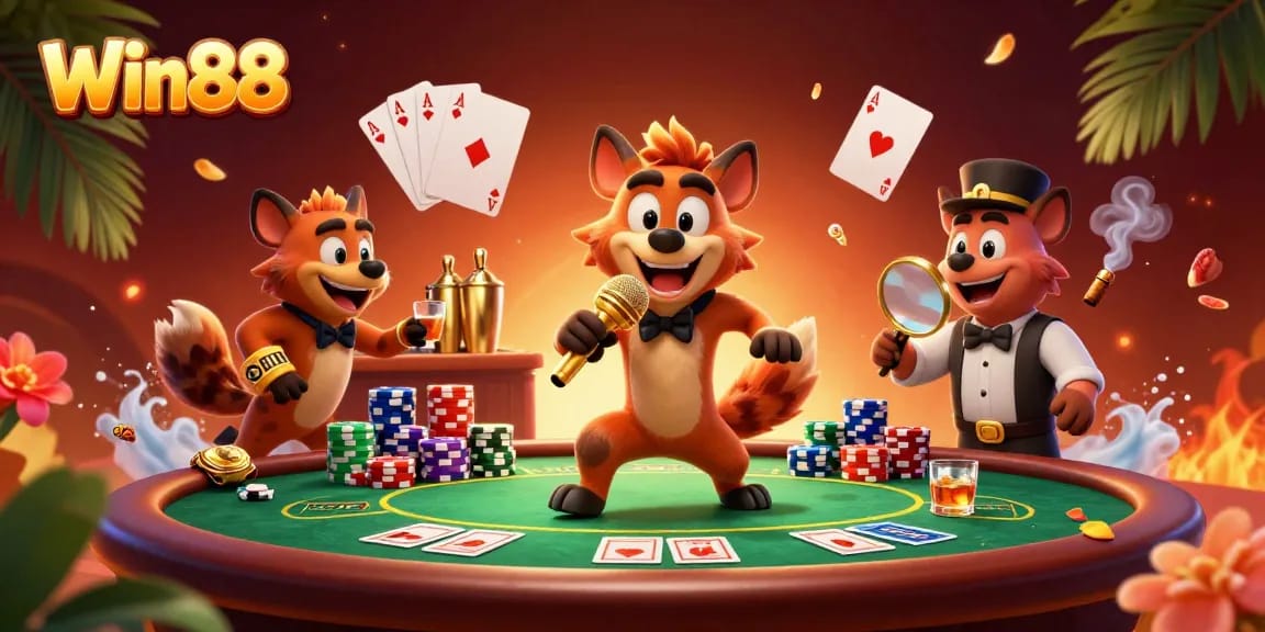 Witness hilarious moments at Win88's comedy casino with lively hyena characters and colorful poker elements.