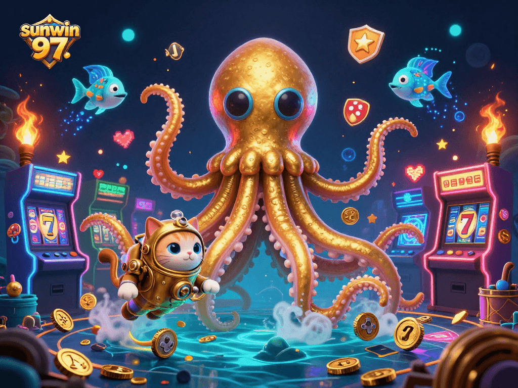 Engage with sunwin 97's thrilling slots experience, featuring a kraken, diving cat, and colorful gaming elements.