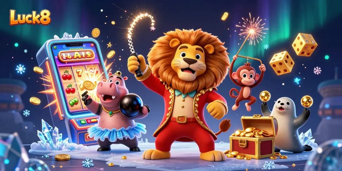 Luck8 showcases a vibrant casino scene with 3D characters and dynamic slot machine energy.