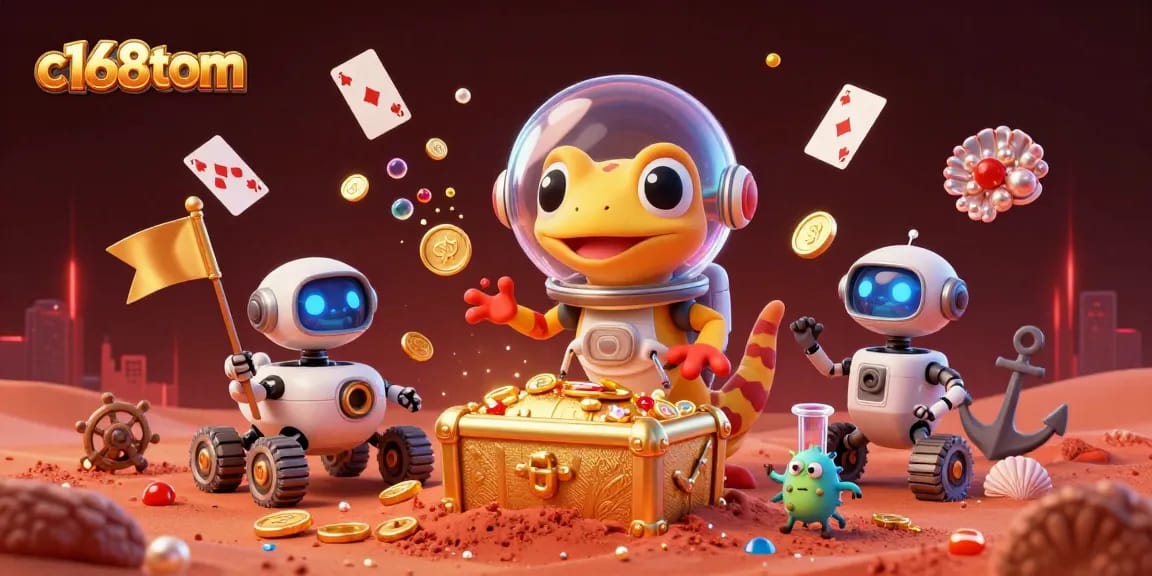 Win big with c168tom in an exciting 3D casino scene featuring vibrant characters and treasure!