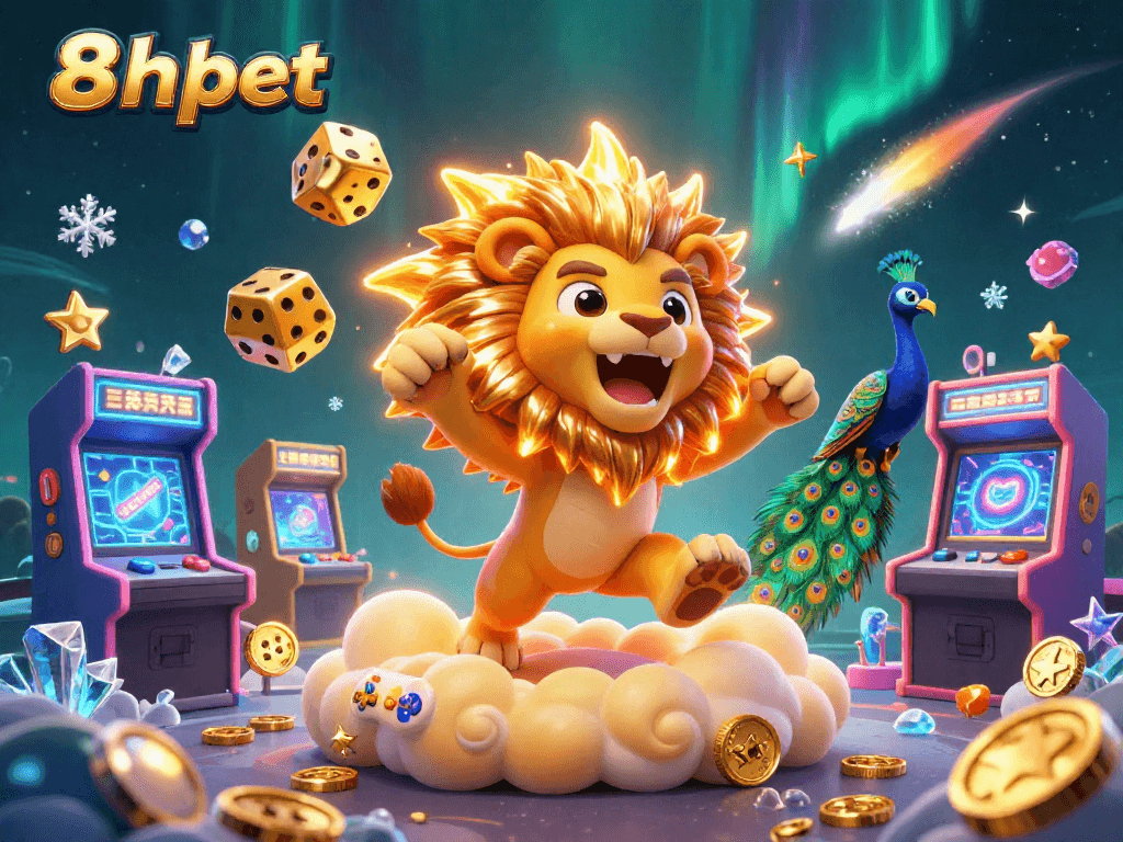 Bet big at 8xbet with dazzling golden lions and dice in a vibrant casino scene.