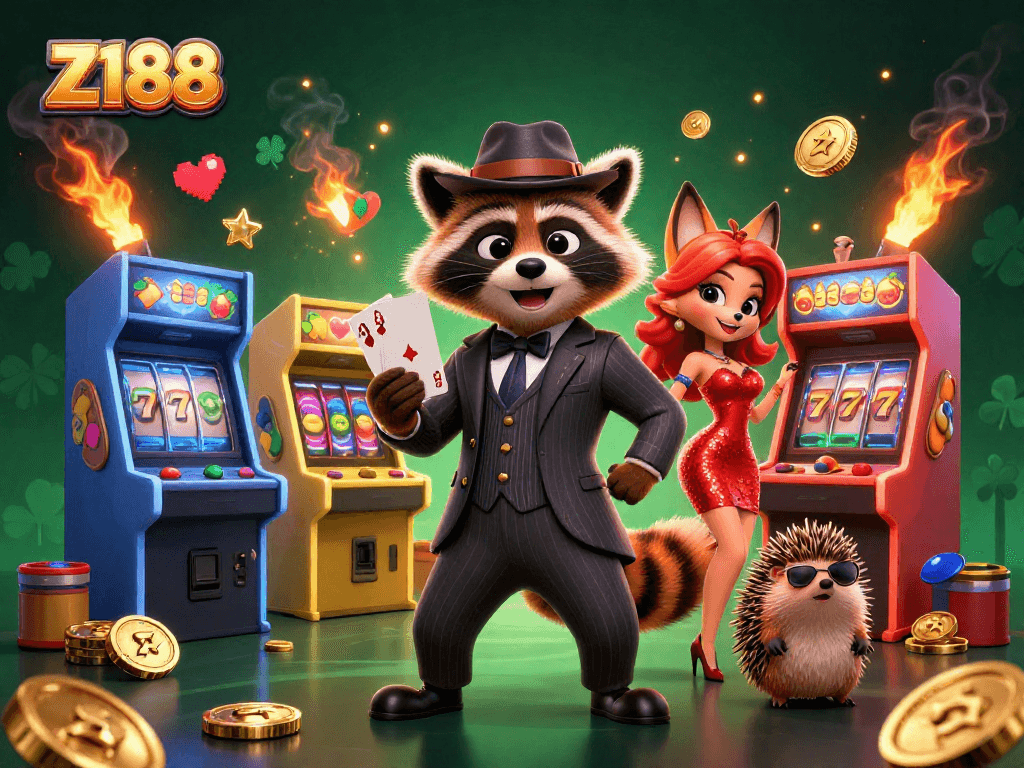 Z188 showcases a vibrant gaming scene with a raccoon holding a royal flush, surrounded by slot machines.