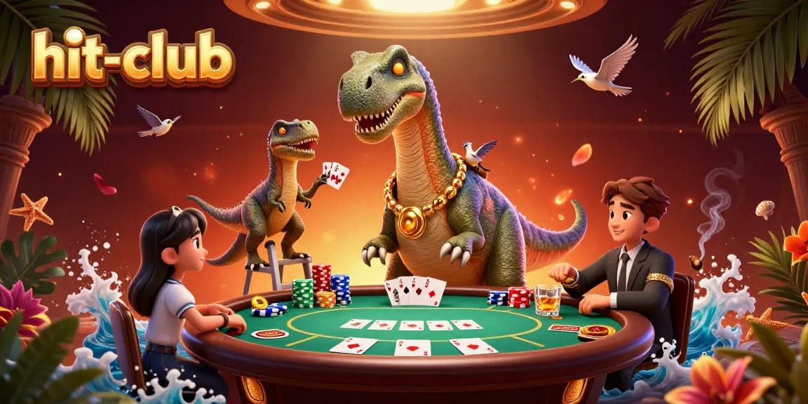 Experience thrilling chances at hit-club with a massive cartoon brontosaurus overseeing a vibrant poker game.