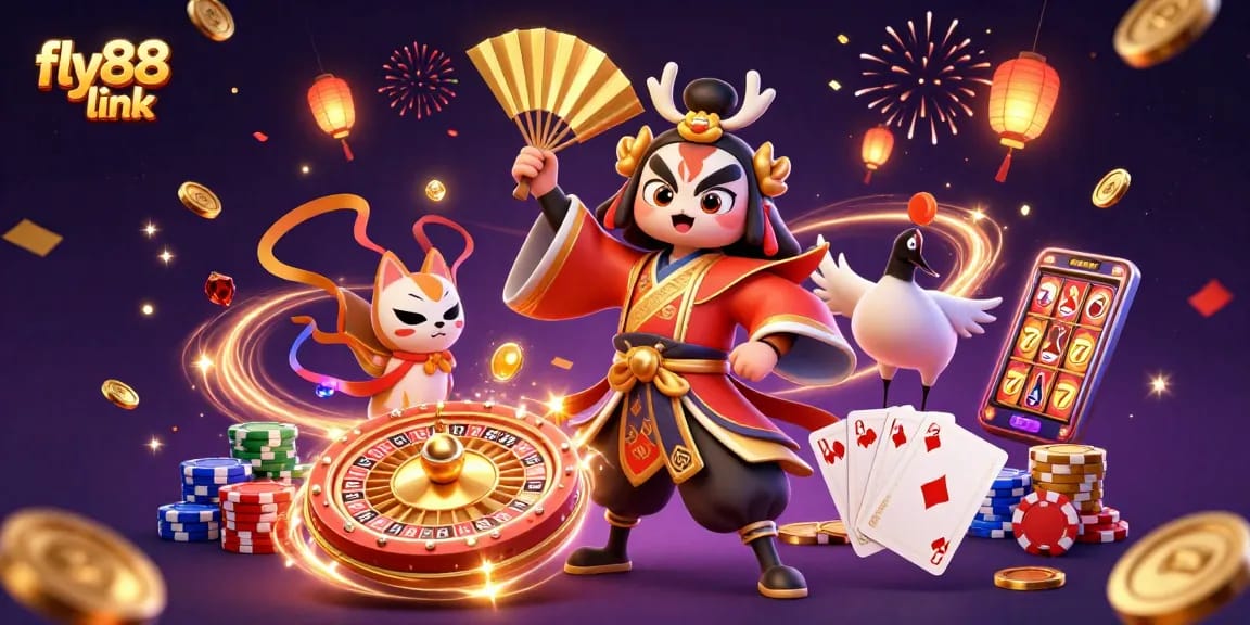 Experience the excitement of fly88 link with a vibrant 3D casino scene featuring kabuki warriors and games.
