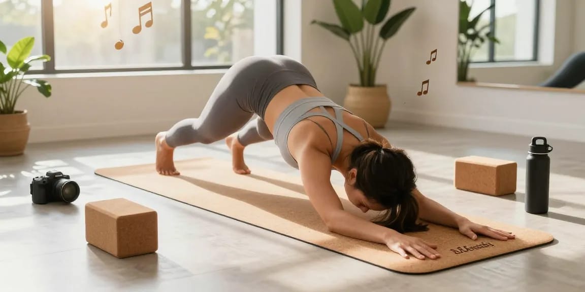 Practicing yoga on a personalized cork yoga mat with unique engraving, highlighting its eco-friendly features.