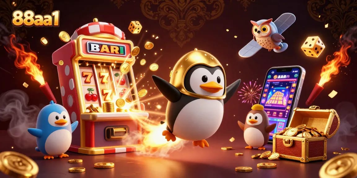 Experience the excitement of 88aa1 with a golden penguin and jackpot explosion in this vibrant casino illustration.
