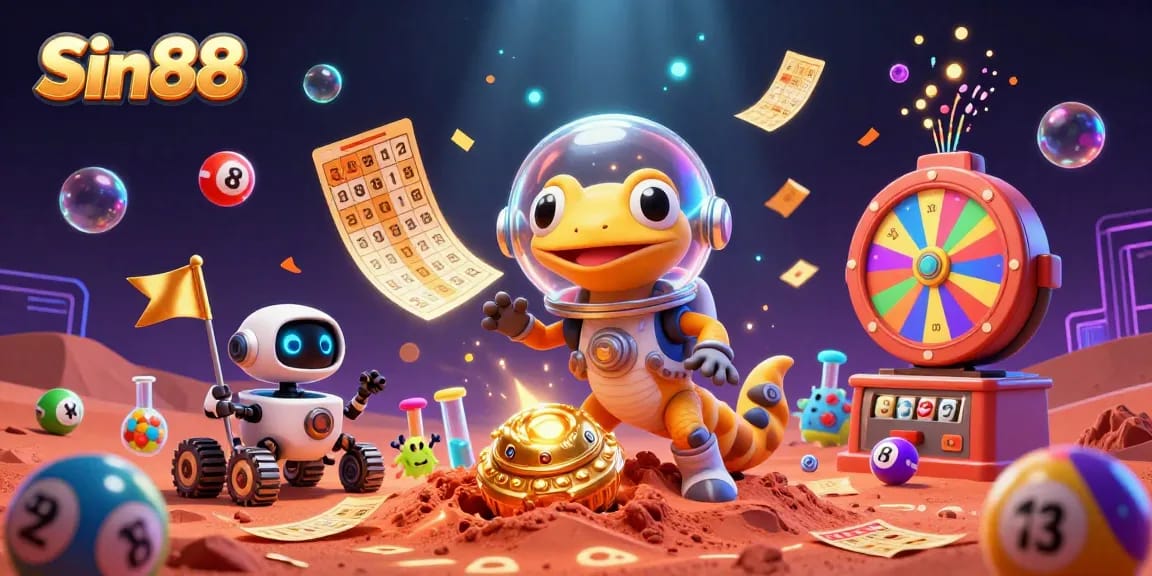 Experience thrills with Sin88 in a vibrant Martian casino illustration filled with lottery excitement.