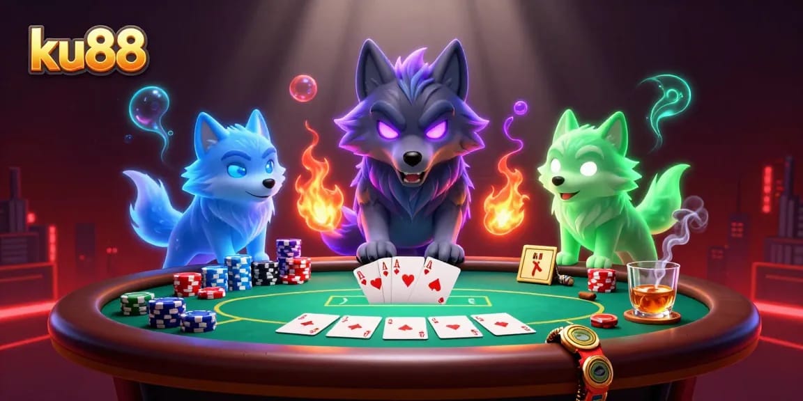 Experience thrilling poker action with ku88's animated wolf leaders at a vibrant gaming table.