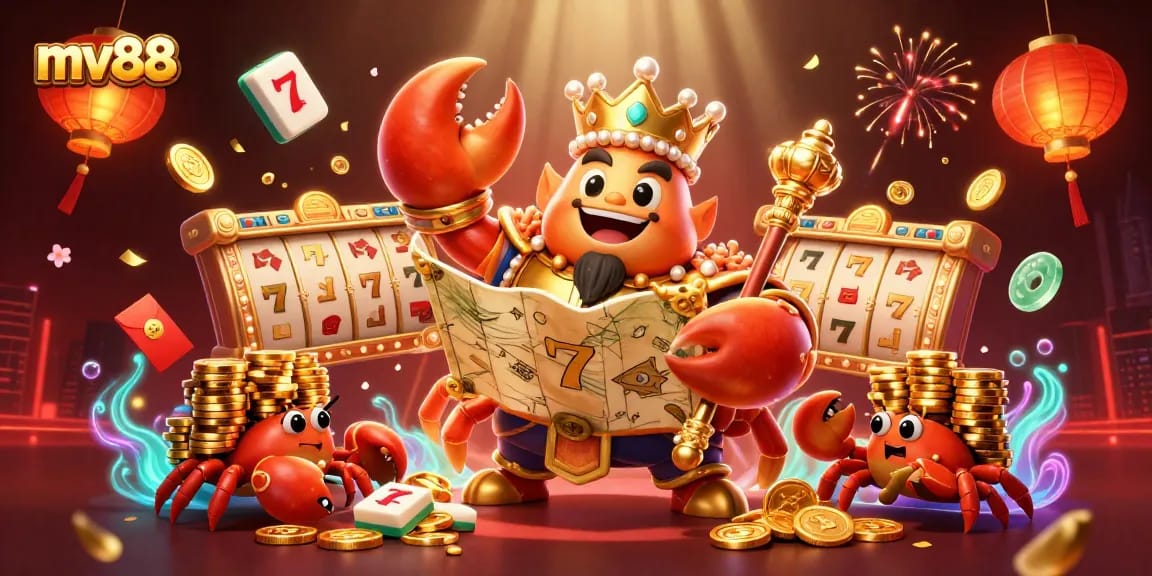 Experience mv88 excitement in a vibrant 3D scene featuring a golden crab emperor and dynamic slot elements.