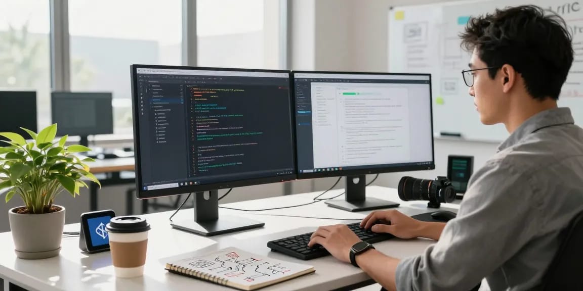 Build internal tools with AI in a modern tech workspace, showcasing coding, collaboration, and productivity.