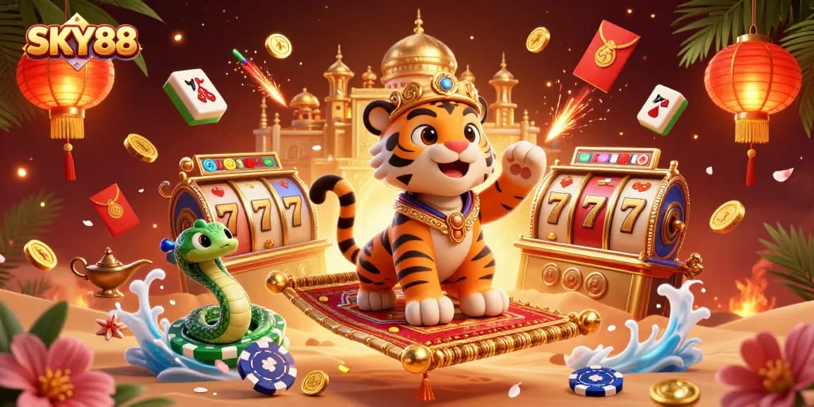 Engage in thrilling casino excitement with SKY88 featuring a dynamic scene of a tiger sultan on a flying carpet.