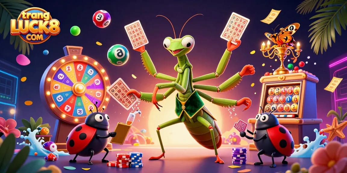 Engage with exciting activities at trang LUCK8 COM featuring colorful lottery elements and animated characters.