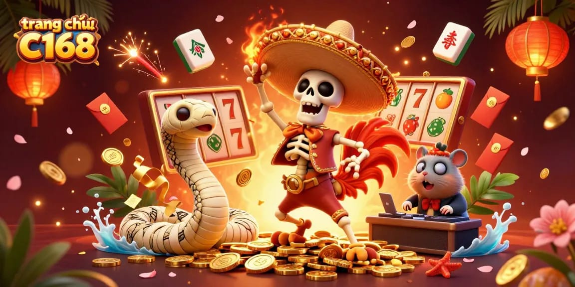 Experience vibrant gameplay at trang chủ C168 as the skeleton rooster celebrates on golden coins.