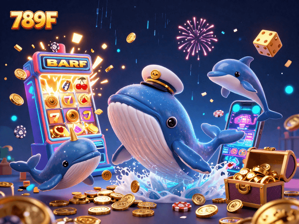 Immerse in 789F's thrilling casino experience with a vibrant whale and playful dolphins around a jackpot!