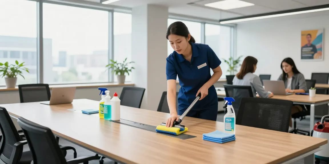 Büroreinigung Göttingen: Professionelle Reinigungskräfte in einem modernen Büro, die einen Konferenztisch gründlich reinigen.