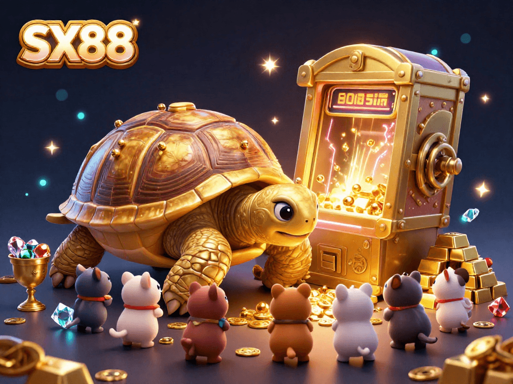 SX88 players enjoying a vibrant, animated casino scene with golden rewards and playful characters.