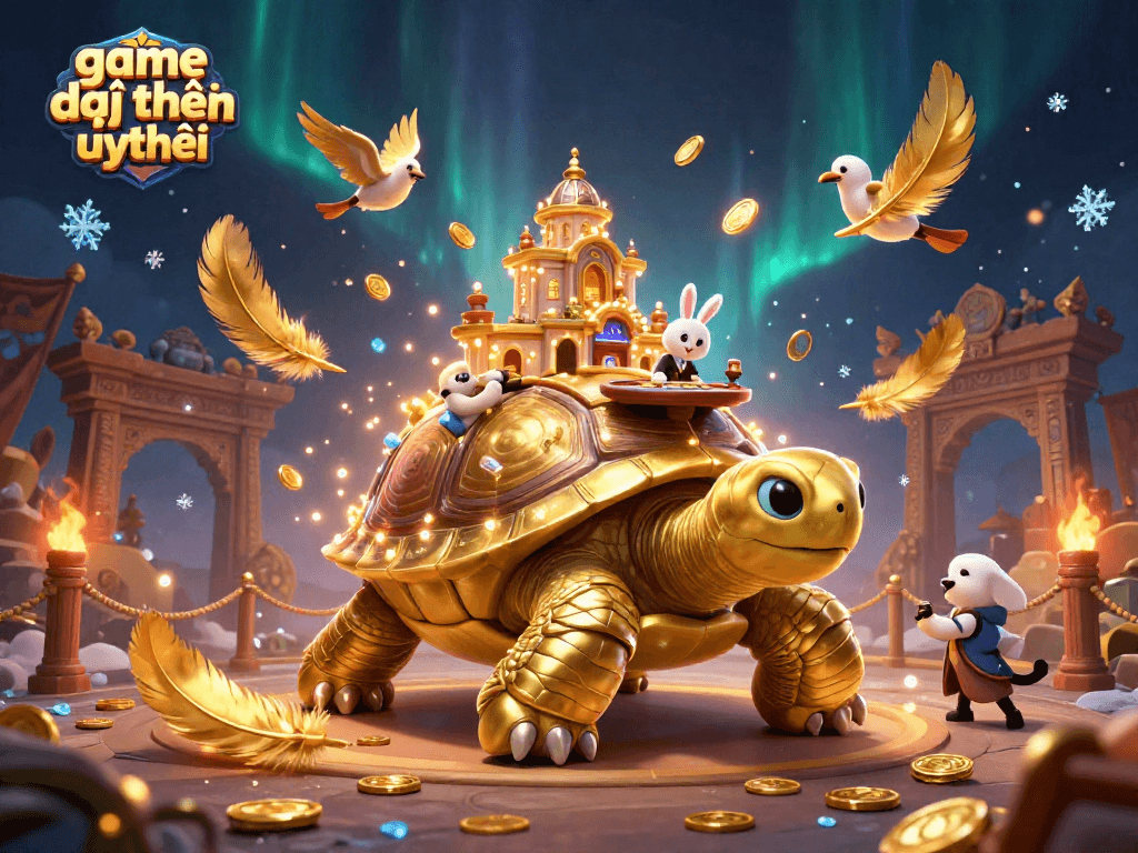 Engage in game đổi thưởng uy tín with a vibrant 3D casino scene featuring a tortoise palace and lucky dealer.