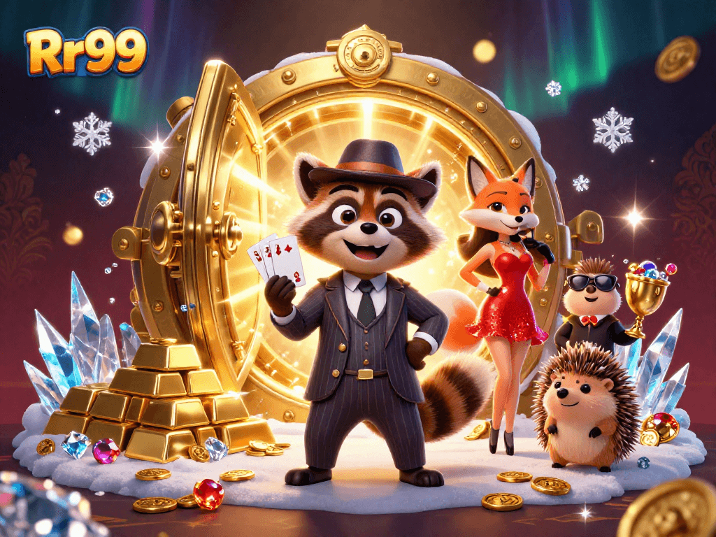Experience the thrill at Rr99 with a suave raccoon, a fox lady, and a hedgehog bouncer in a vibrant casino scene.