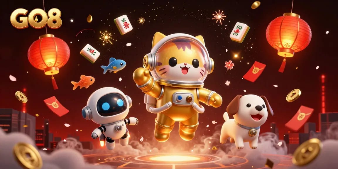 Engage with GO8's vibrant casino experience featuring a whimsical astronaut cat and an incredible robot dog.