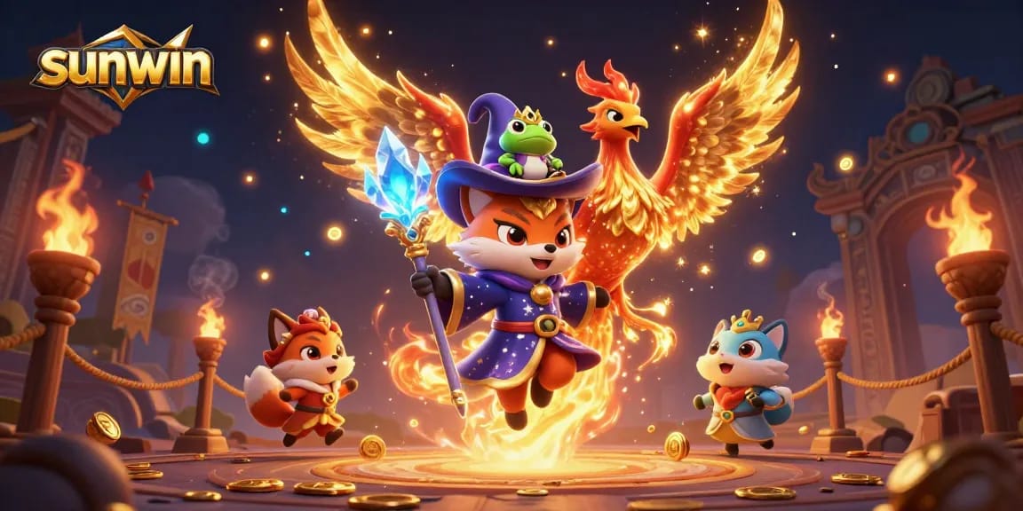 Engage in thrilling gameplay at sunwin with a mystical wizard fox and phoenix in an exciting casino setting.