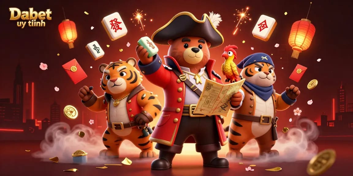 Experience Dabet uy tín with a thrilling illustration featuring a pirate bear and explosive gaming elements.